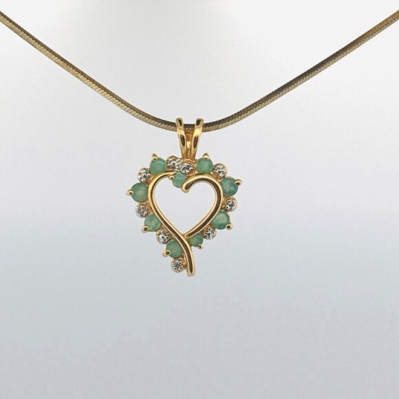 Estate 925 Gold Over Heart Pendant Emerald & CZ Necklace 15" Sterling Silver 6g - Picture 1 of 9